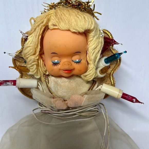 VTG 10 Light Angel Tree Topper 7" Japan Closed Eyes Yarn Hair Chiffon NOT WRKNG - Picture 2 of 6